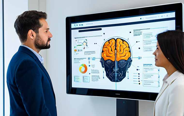 뉴럴 인터페이스의 장애물 극복 전략 - Ethical Dilemma**
A diverse group of people looking thoughtfully at a stylized brain-computer inter...