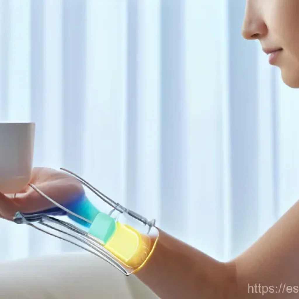 뉴럴 인터페이스의 소프트웨어 개발 트렌드 - A young adult with a sleek, futuristic prosthetic arm, seamlessly integrated, gently holding a delic...