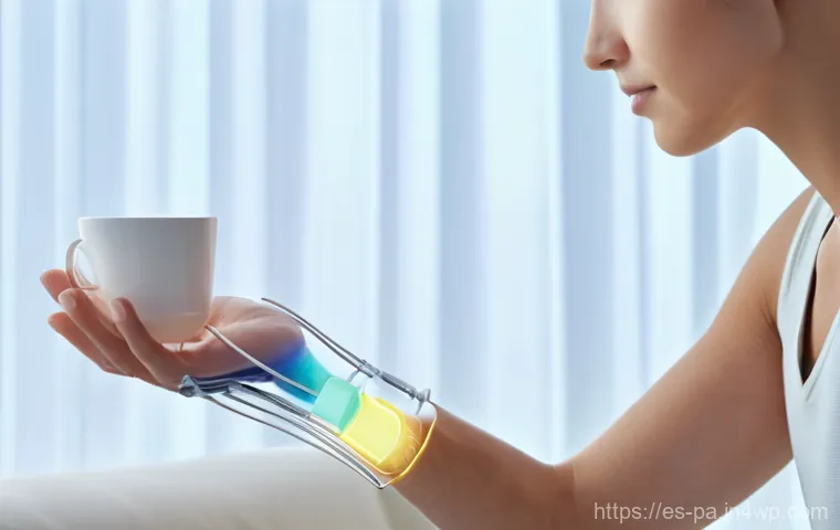 뉴럴 인터페이스의 소프트웨어 개발 트렌드 - A young adult with a sleek, futuristic prosthetic arm, seamlessly integrated, gently holding a delic...