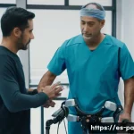 Home 20 뉴럴 인터페이스 프로젝트 성공 사례 분석 - A detailed scene inside a modern rehabilitation clinic showing a middle-aged Hispanic man wearing an...