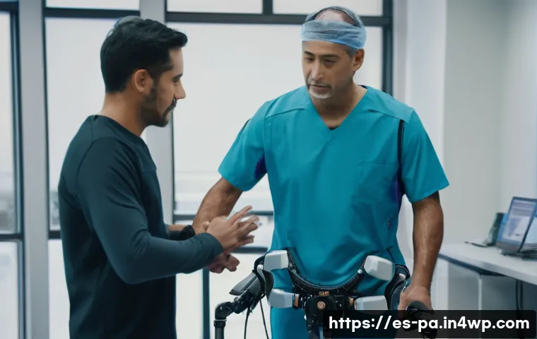 뉴럴 인터페이스 프로젝트 성공 사례 분석 - A detailed scene inside a modern rehabilitation clinic showing a middle-aged Hispanic man wearing an...